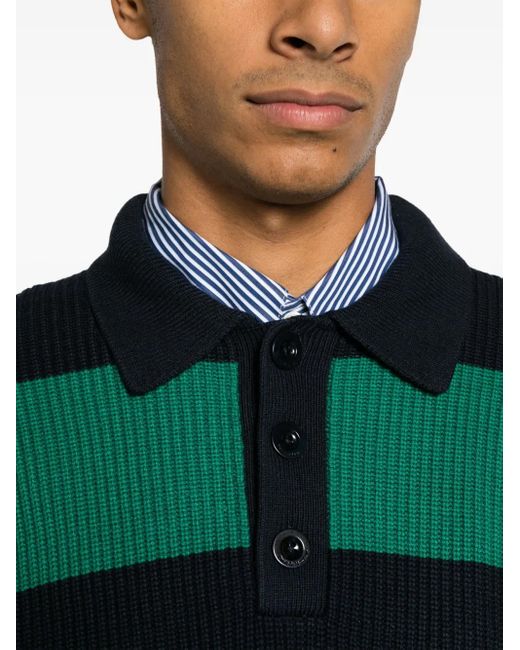 Drole de Monsieur Green Ribbed-Knit Polo-Collar Jumper for men