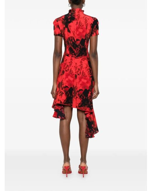 McQueen Red Floral-Print Asymmetric-Hem Dress
