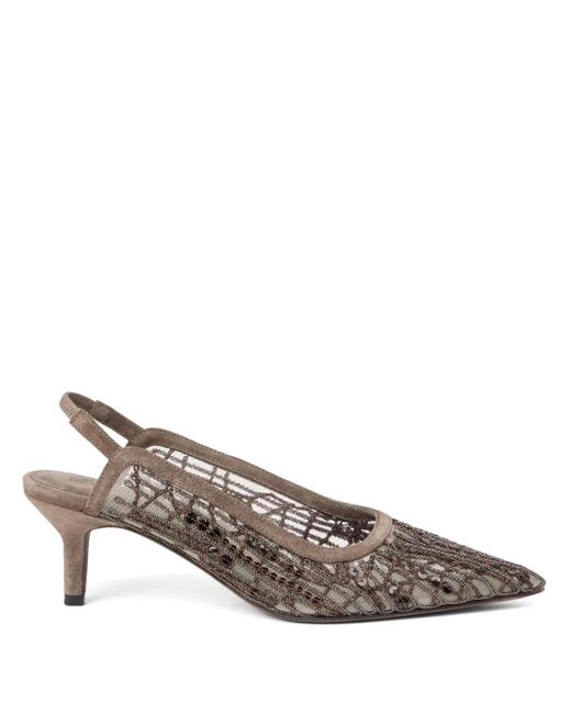 Brunello Cucinelli Brown Glistening Abstract Embroidery City Pumps 55