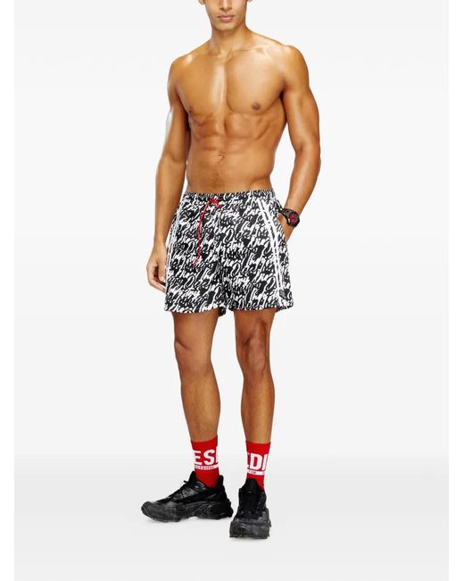 DIESEL Black Swim Shorts With All-Over Logo Print for men