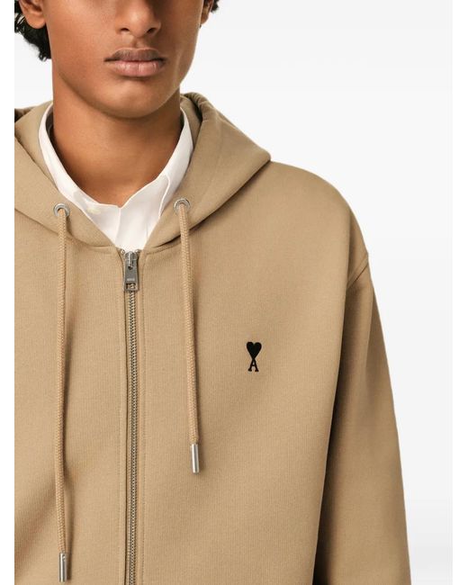 AMI Natural Zipped Cotton Hoodie With Ami De Coeur for men
