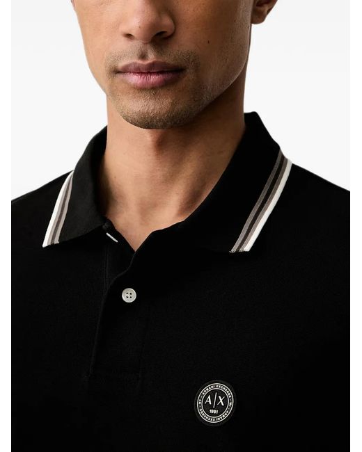 ARMANI EXCHANGE Black Logo-Patch Striped-Trim Polo Shirt for men