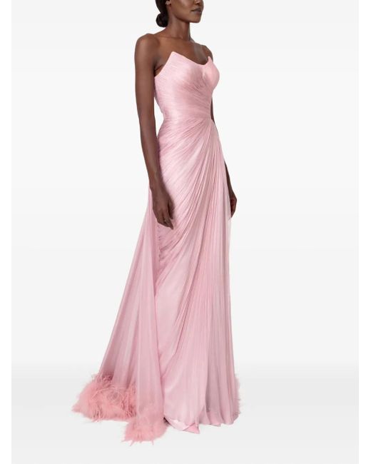 IRIS SERBAN Pink Mera Pleated Feather-Trimmed Gown