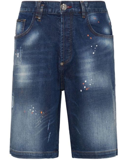 Philipp Plein Jeans-Shorts mit Farbklecks-Print in Blue für Herren