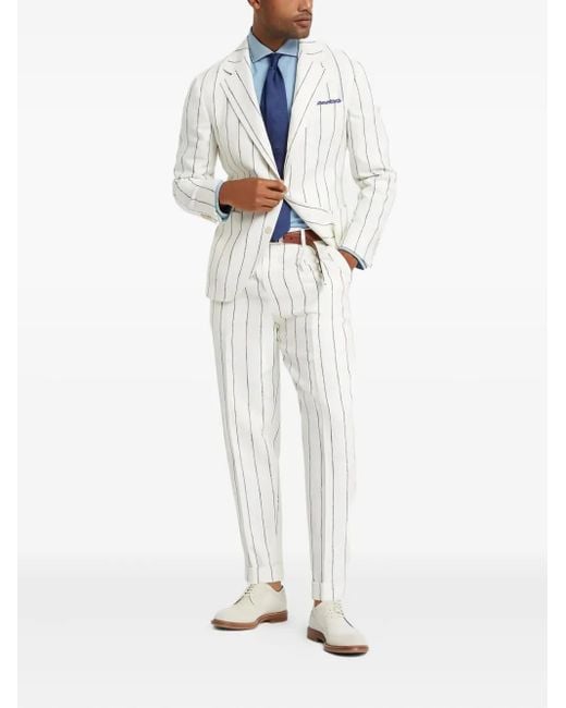 Brunello Cucinelli White Pinstripe-Print Linen Suit for men