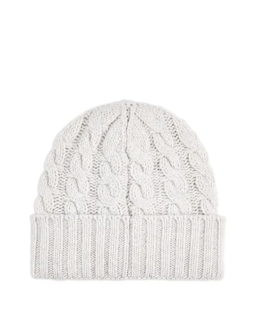 Fay White Cable-Knit Logo-Patch Beanie Hat