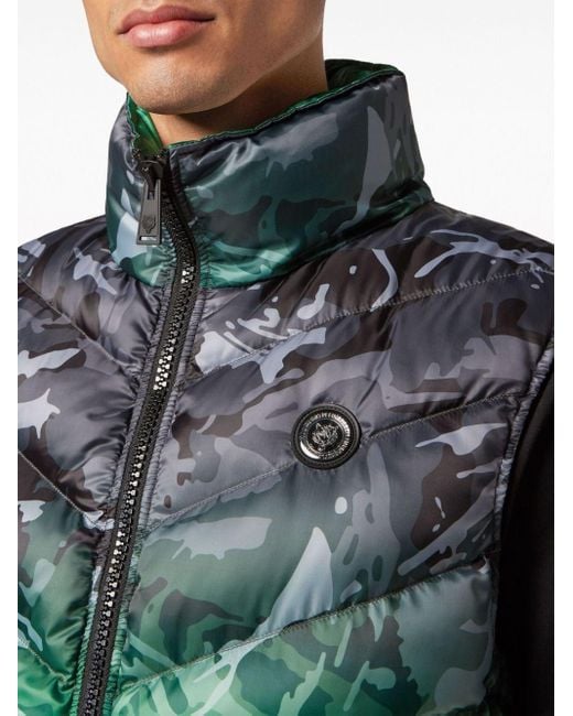 Philipp Plein Green Camouflage-pattern Padded Vest for men