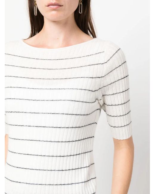 Vince White Boat-Neck Striped Knitted Top
