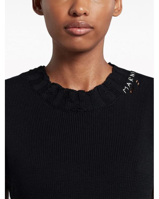 Marni Black Distressed-Effect Knitted Cotton Dress