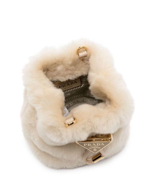 Prada White Brown Triangle-logo Shearling Mini Bag