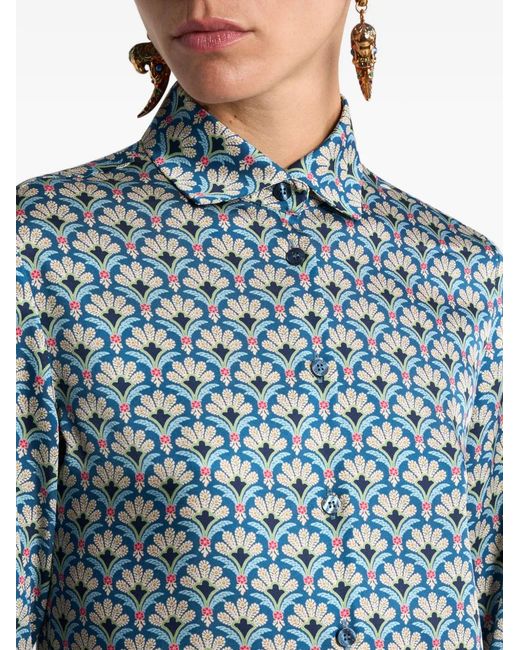 Etro Blue Twill Shirt With Micro Palm Motif