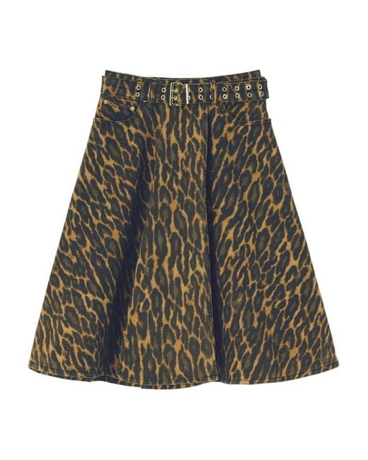 Ganni Green Leopard-Print Midi Skirt