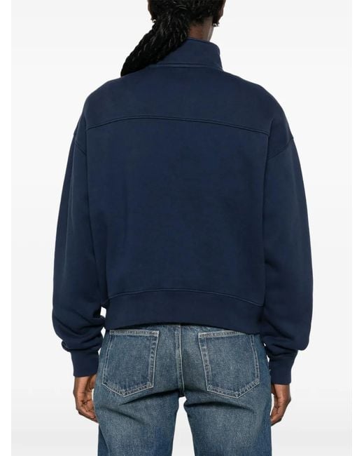 Sporty & Rich Blue Crest-Embroidered Quarter-Zip Sweatshirt