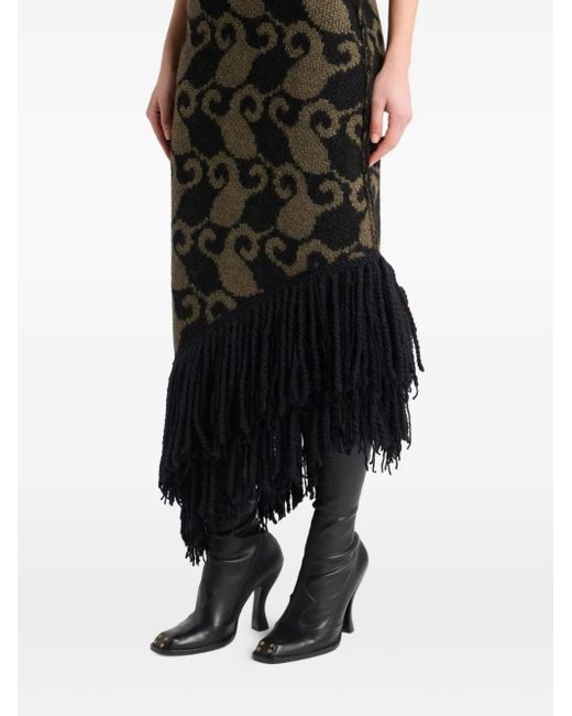 Etro Black Wool And Alpaca Jacquard Maxi Dress With Fringing