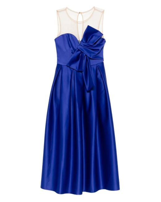 Nissa Blue Bow-Detail Mesh-Insert Midi Cocktail Dress