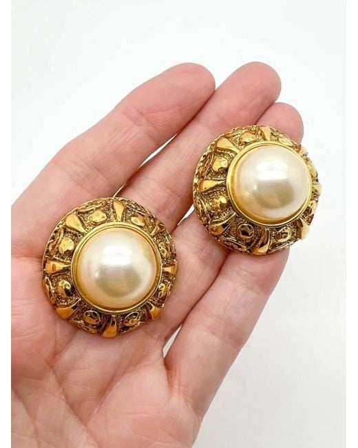 JENNIFER GIBSON JEWELLERY Metallic Vintage French Couture Etruscan Galleried Half Pearl Earrings 1980S