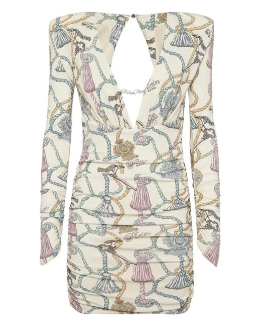 Philipp Plein White Langärmeliges Minikleid Mit Quasten-Print