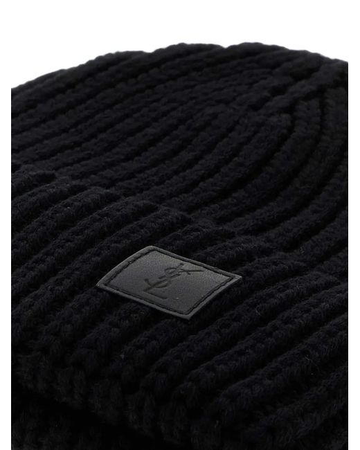 Saint Laurent Black Ribbed-Knit Logo-Patch Beanie Hat for men