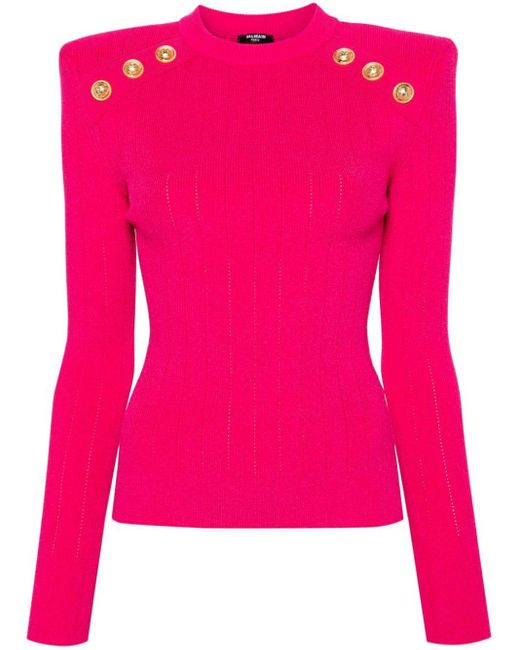 Balmain Pink Decorative-buttons Ribbed-knit Jumper