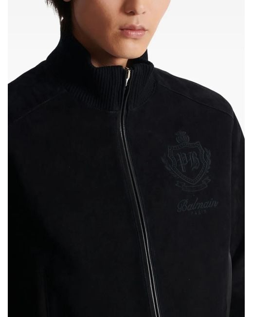 Balmain Black Embroidered-Emblem Suede Jacket for men
