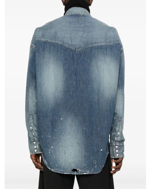 Maison Mihara Yasuhiro Blue Paint-Splatter Patchwork Denim Shirt for men