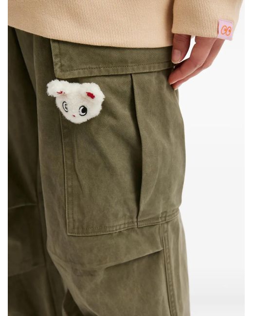 Mini Cream Green Flower-Appliqué Cargo Trousers
