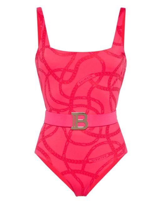 Balmain Pink Chain-print Belted Swimsuit
