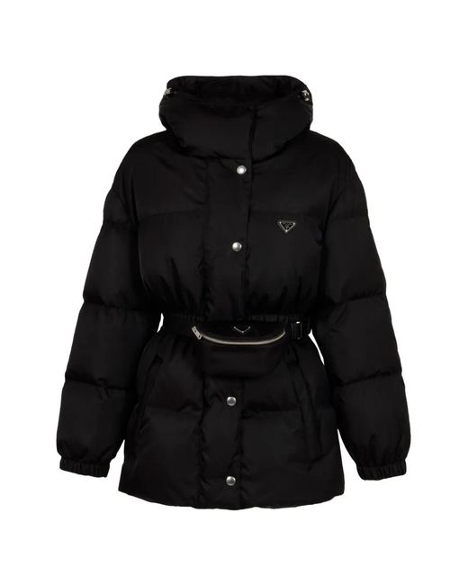 Prada Black Belted Hooded Puffer Coat