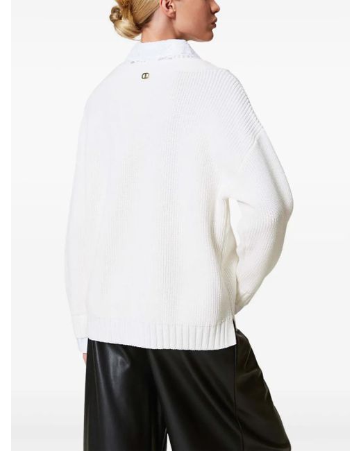 Twinset White Shirt-Detail Sweater
