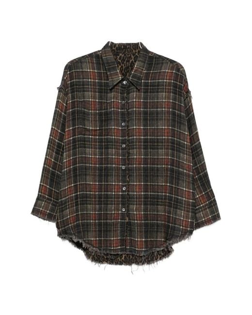 R13 Gray Plaid-Check Distressed-Effect Reversible Cotton Shirt
