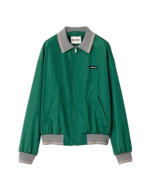 Miu Miu Green Ribbed-Knit Zip Bomber Jacket