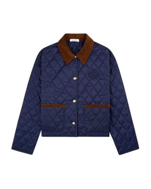 Sporty & Rich Blue Quilted Corduroy-Collar Puffer Jacket