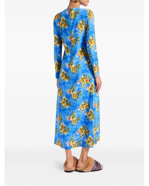 LaDoubleJ Blue Long-Sleeve Floral-Print Maxi Dress