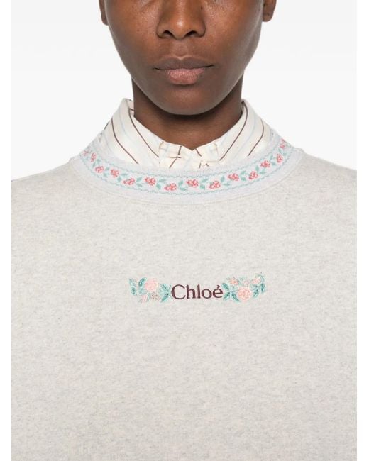 Chloé White Floral-Embroidered Logo-Print Sweater