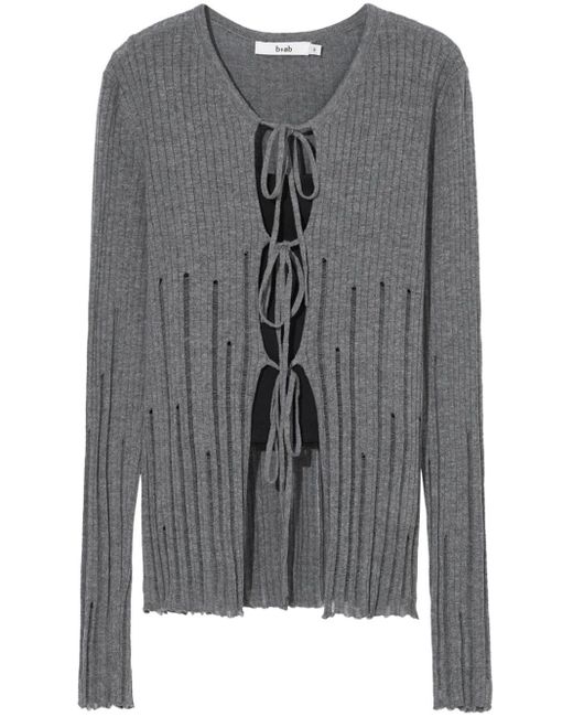 B+ AB Gray Distressed-effect Ribbed-knit Cardigan