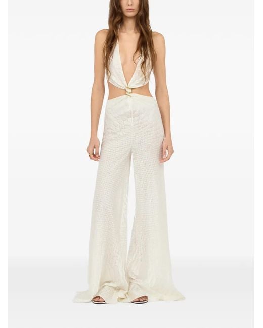 Roberto Cavalli White Silk Blend Jumpsuit With All-Over Serpentine Print And-Tone Metal Snake On The Front