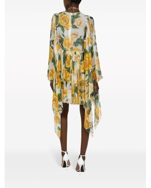 Dolce & Gabbana Yellow Silk Chiffon Rose-Print Dress