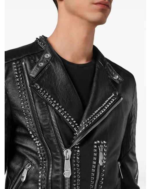 Philipp Plein Black Leather Biker Jacket Studs for men