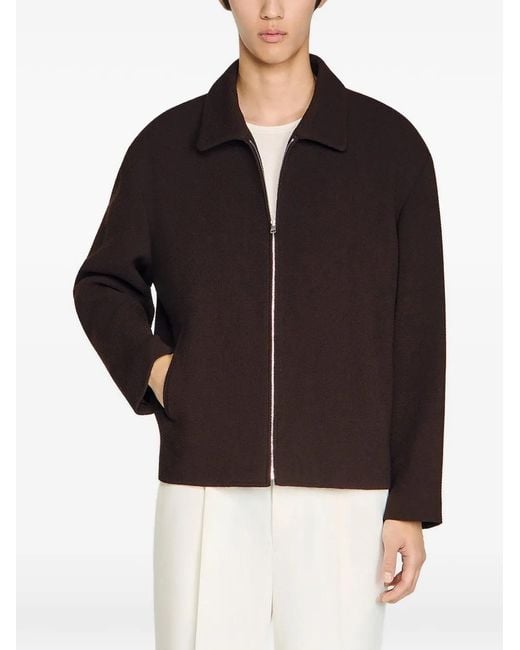 Sandro Black Waffled Regular Collar Zip Jacket for men