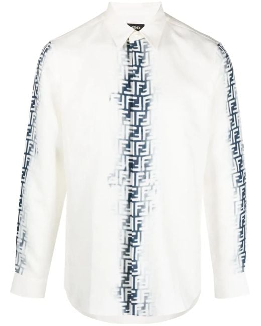 Fendi White Monogram-Print Linen Shirt for men
