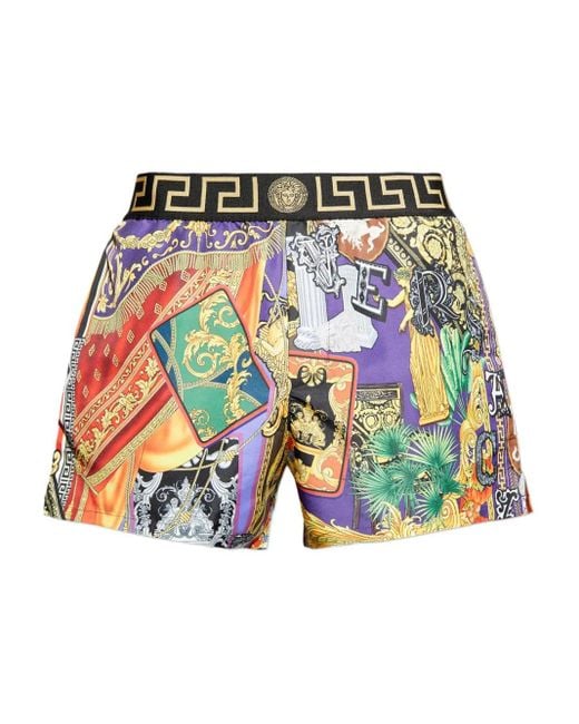 Versace Metallic Greca Print-Waistband Swim Shorts for men