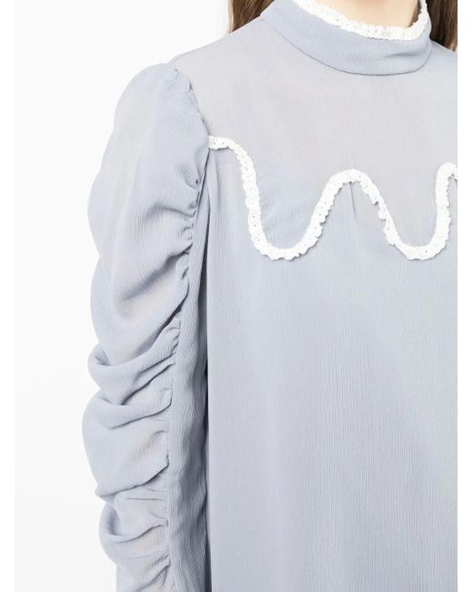 Anna Sui Blue Ruched Lace-Trim Top