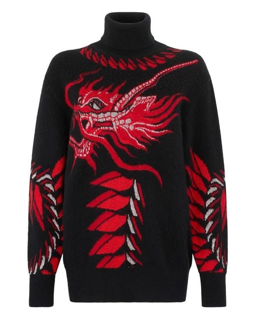Roberto Cavalli Red Dragon-Motif Turtleneck Sweater