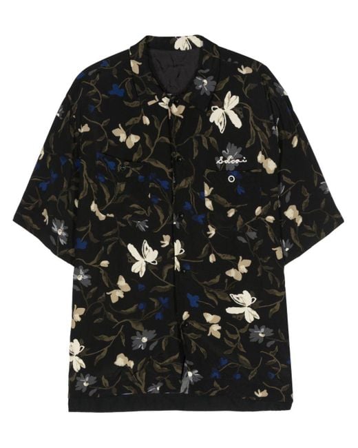 Sacai Black Embroidered-logo Floral-print Shirt for men