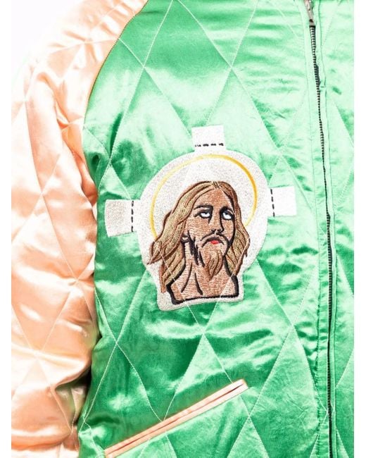 SAINT Mxxxxxx Green Embroidered-Slogan Bomber Jacket for men