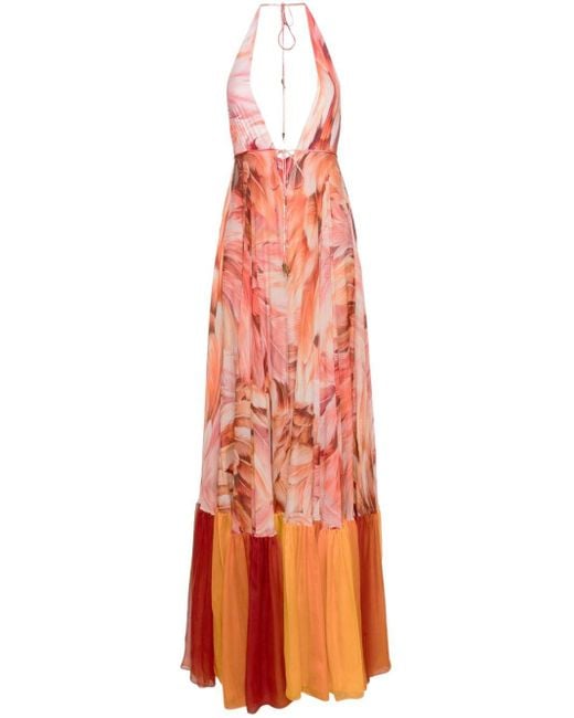 Roberto Cavalli Orange Kleid mit Feder-Print