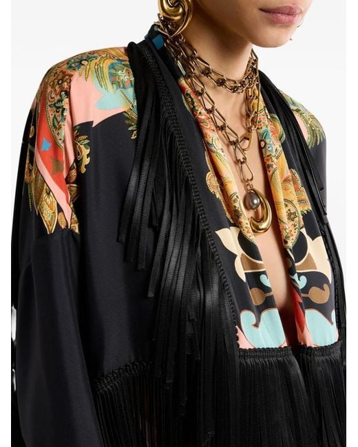 Etro Black Silk Jacket With Fringing And Placed Print