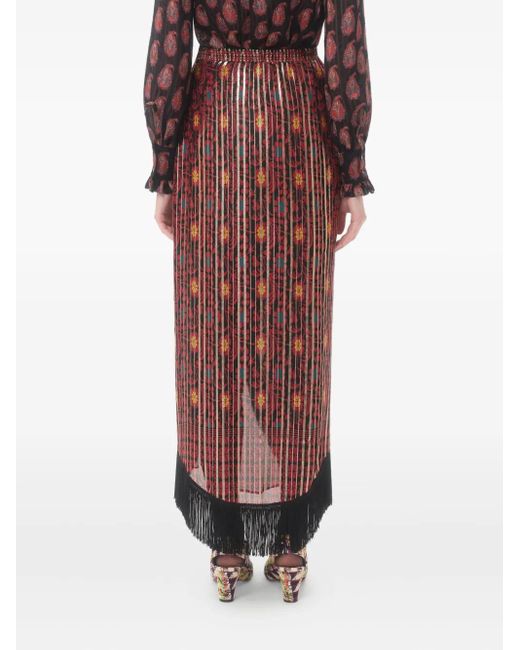 Valentino Garavani Red Lamé Midi Skirt With Apres L'Hiver-Print