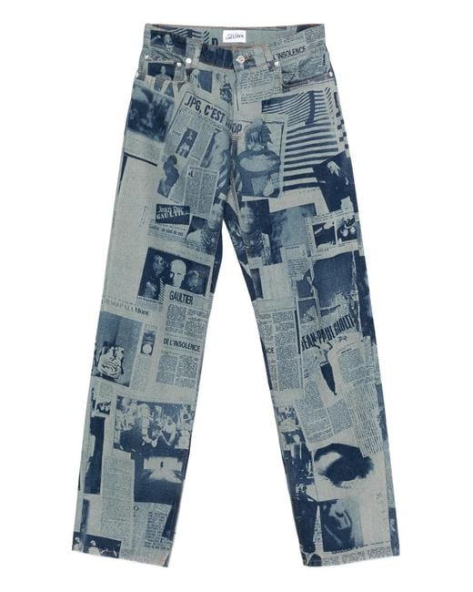Jean Paul Gaultier Blue Newspaper-Print Straight Jeans