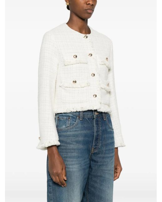 Maje White Fringed Buttoned Tweed Jacket